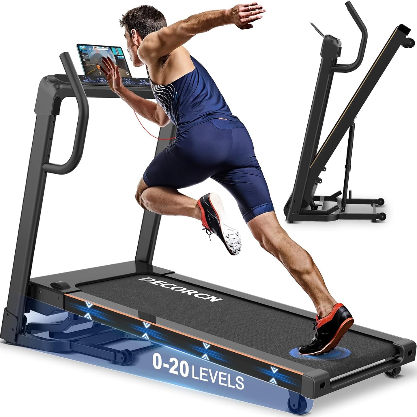 Decorcn Folding Treadmill for Home, 4.5HP, 20 Incline Levels, 1km/h-16km/h, 150KG limited, Runnig Machine for Heavy People with LED, Bluetooth Speakers, Silent Walking Pad for Home Office Gym