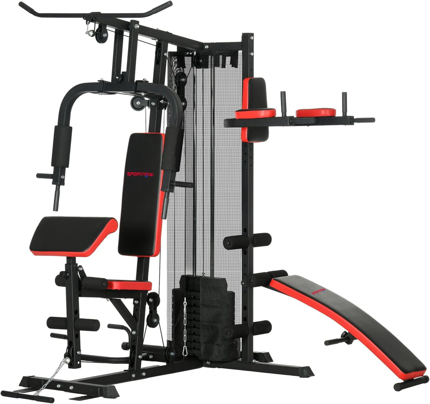 SPORTNOW Multi Gym Workout Station with 65kg Weight Stack, Sit Up Bench, Push Up Stand, Dip Station, Adjustable, Full Body Strength Training for Home Gym
